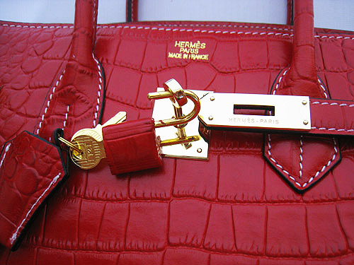 High Quality Fake Hermes Silver Lockpin Birkin 35cm Crocodile Veins Bag Red 6089 - Click Image to Close